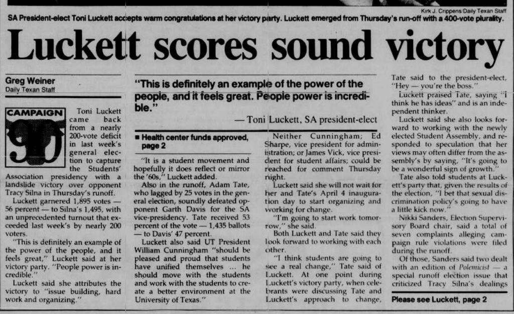 Newspaper clipping with title reads "Luckett scores sound victory" referring to Toni Luckett, a black feminist lesbian woman who became student president at UT in 1990.