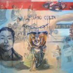 Painting by Myisha Arellanus that represents the efforts of undocumented youth and the criminalization of the immigrant community. In the center, there are two hands in chained cuffs surrounded by important protestors.