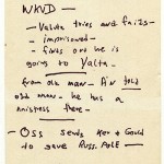 Notecard with Alan Furst's brainstorming ideas for Night Soldiers.