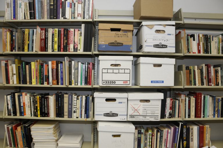 Materials from the Wallace collection, which is currently being processed at the Ransom Center by archivist Stephen Cooper. Photo by Anthony Maddaloni.