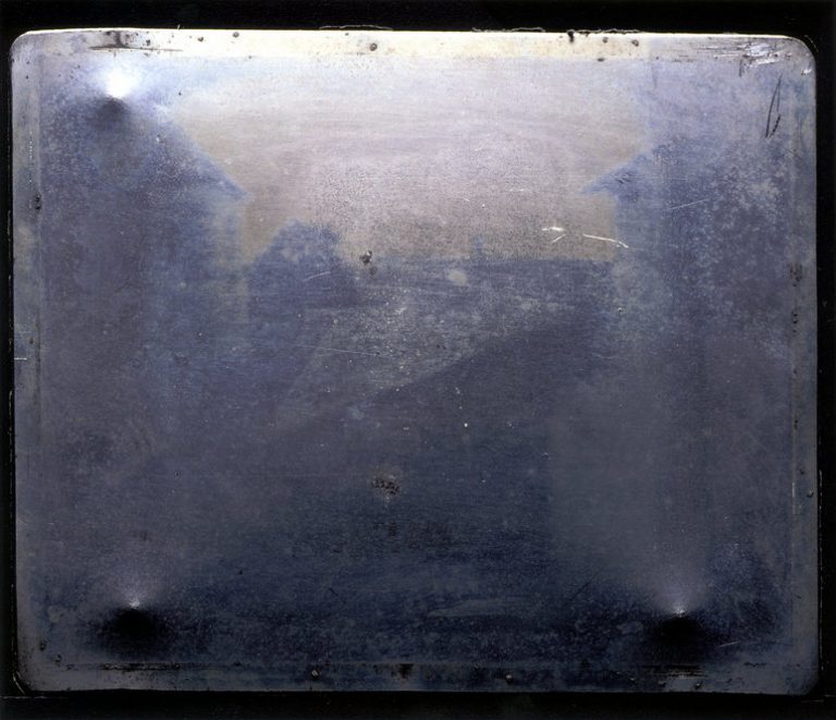 New official image of the First Photograph in 2003. Joseph Nicéphore Niépce's "View from the Window at Le Gras." c. 1826. Gernsheim Collection Harry Ransom Center / University of Texas at Austin. Photo by J. Paul Getty Museum.