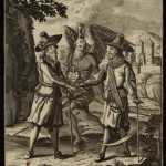 Unidentified (German). Untitled [Satire on men's fashion], Late 17th century. Engraving and etching. Satirical broadside on imported men's fashions. Two dandies in elaborate costumes are shown shaking hands. Behind them, a bearded angel with a hourglass on his head is about to cut them down with his scythe.