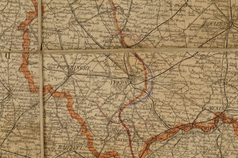 Closeup of area where Blunden recovered the map on July 31, 1917. St. Julien is northeast of Ypres (“Ypern” in German) at the upper edge of the panel; Passchendaele is just above St. Julien on the next panel. To the left of Passchendaele is seen “Langhemarcq” (Langemarck). The area shown in this detail was, along with Verdun in France, the most violently fought over terrain in the whole of the Great War.