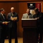 From left, Kurt Hildebrand, Shannon McCormick, L. B. Deyo, and Wayne Alan Brenner read an excerpt from Wallace's first novel, "The Broom of the System."