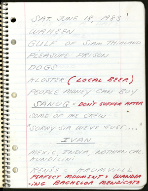 First page from Spalding Gray's performance notebook for 'Swimming to Cambodia.'