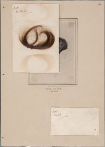 Hair sample (and obscured portrait) of John Keats. Photo by Pete Smith.