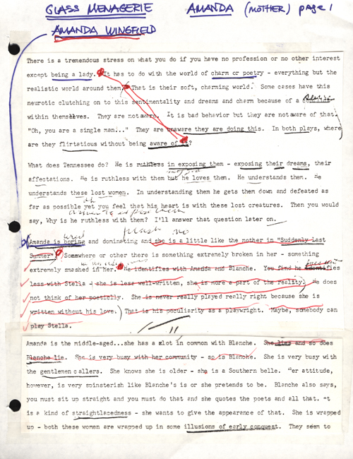 Stella Adler's notes on the character of Amanda in Tennessee Williams's play 'The Glass Menagerie'.