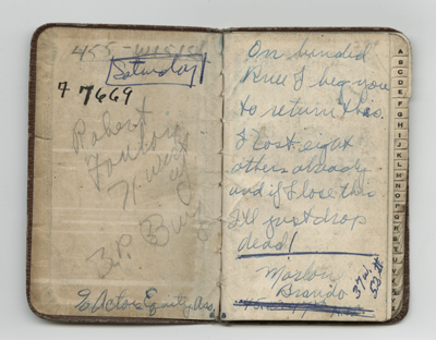 Inside cover of Marlon Brando's address book, which he lost during a 1949 production of 'A Streetcar Named Desire.'