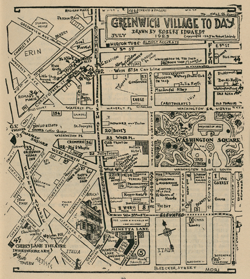 A map of Greenwich Village from 'The Greenwich Village Quill' (1925). The shop was near the corner of Christopher Street and Greenwich Avenue.