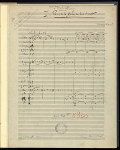 First page of Maurice Ravel's "Mother Goose" manuscript score for orchestra with revisions and annotations, 1911.