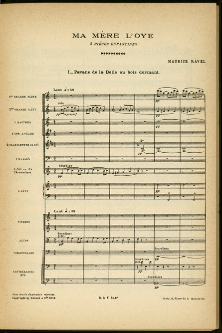 First page of Maurice Ravel's "Mother Goose" published score, Durand, 1912.