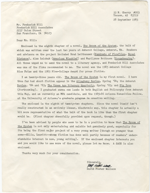 Letter from David Foster Wallace to Frederick Hill Associates, dated Sept. 28, 1985, containing a chapter from "Broom of the System." Bonnie Nadell collection.