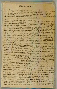 First page of Charlotte Brontë's manuscript for "Something About Arthur." The size of the manuscript papers is 5.7 cm by 9.5 cm (2.5 inches by 3 5/8 inches).