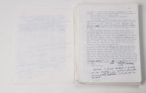 Pages from annotated typescript "World's End" by T. C. Boyle. Photo by Pete Smith.