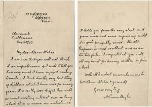 In this letter to Bram Stoker, Doyle expresses his admiration for the recently published “Dracula.” Arthur Conan Doyle papers.