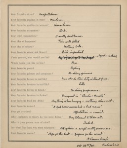 It’s unknown why Doyle filled out this autobiographical questionnaire in 1893, but the answers give a sense of his humorous side. Arthur Conan Doyle papers.