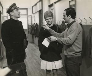 François Truffaut, Julie Christie, and Oskar Werner on the set of "Fahrenheit 451" (1966). Lewis Allen collection.