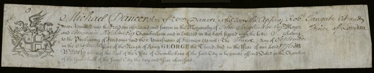 Certificate dated September 3, 1776, admitting Michael Dancer to freedom of the city of London.