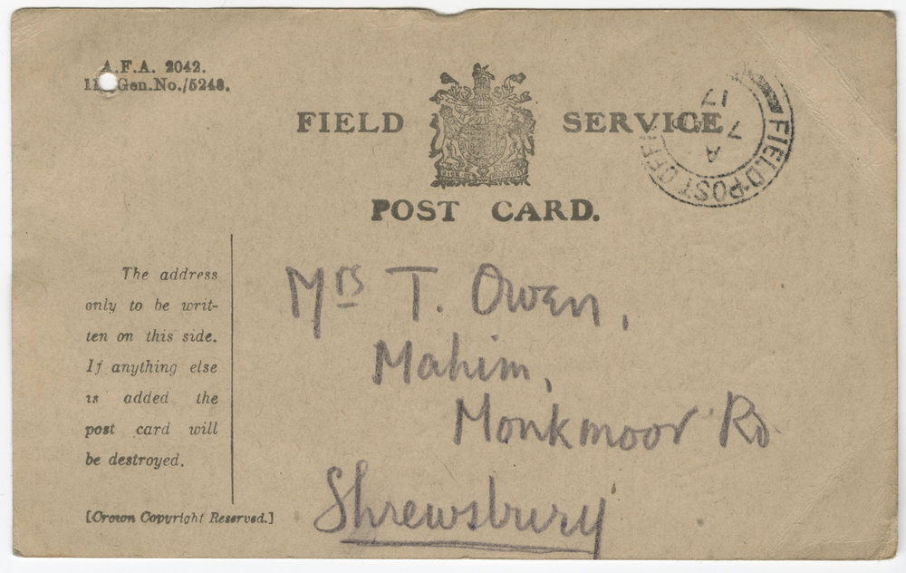 A standard British Army Field Service Postcard sent from Wilfred Owen to his mother, Susan Owen, on April 5, 1917.
