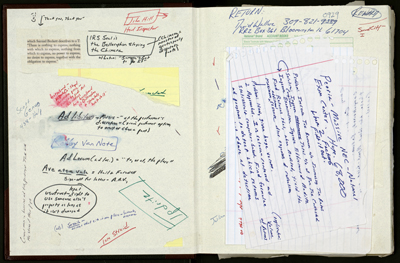 David Foster Wallace's notebook, which contains reading notes, clippings, and writings related to “The Pale King.”