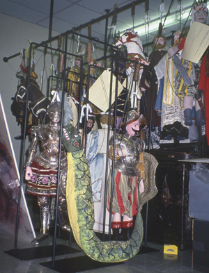 The Stanley Marcus collection of Sicilian marionettes before custom housing was built.