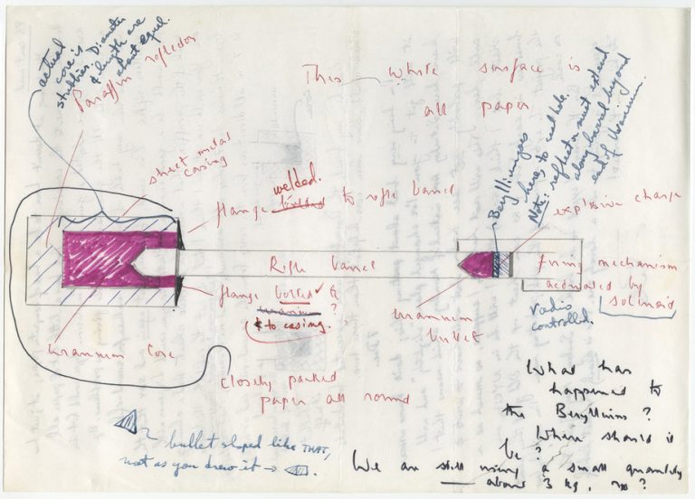 A drawing by physicist Peter Zimmerman with his and Nicolas Freeling's notes as part of research for "Gadget," 1971–1975.