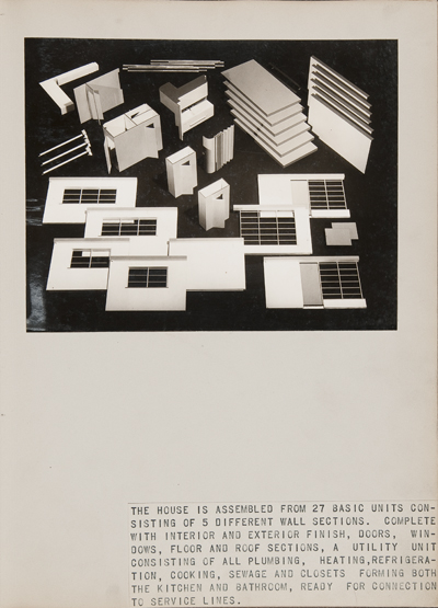 "Unassembled model of Bel Geddes's Prefabricated House," ca. 1941—42. Photograph by unidentified photographer. Image courtesy of the Edith Lutyens and Norman Bel Geddes Foundation.