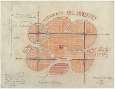 Norman Bel Geddes's firm's 'diagram in relief of city-traffic plan for 1960 showing features of boulevards and location of Highways & Horizons exhibit,' c. 1938. Image courtesy of the Edith Lutyens and Norman Bel Geddes Foundation. 