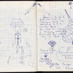 Notes and fragments for "Gadget" in a "Rough Bomb Book" journal, 1975.