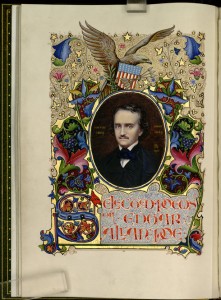 Title page of the illuminated manuscript of “Selected Poems of Edgar Allan Poe” bound by Sangorski & Sutcliffe. Photo by Pete Smith.