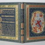 The cover of James Russell Lowell’s “The Vision of Sir Launfal” is handwritten in calligraphy on parchment by Alberto Sangorski with decorative borders and illuminated miniatures. Photo by Pete Smith.