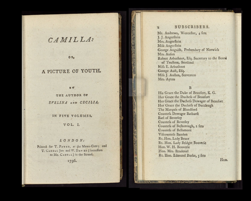The subscription list of Frances Burney's novel "Camilla" (1796) contains the first mention of Jane Austen in print.