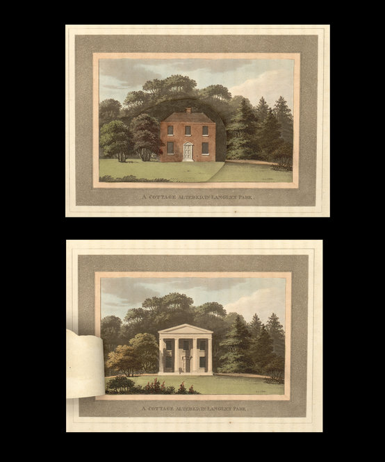 Humphry Repton's "Observations on the Theory and Practice of Landscape Gardening," Including Some Remarks on Grecian and Gothic Architecture. London: Printed by T. Bensley for J. Taylor, 1803. The hand-colored illustrations have unique folding flaps that show the "before" and "after" views of the changes that landscaper Repton wrought at great estates and at great expense.