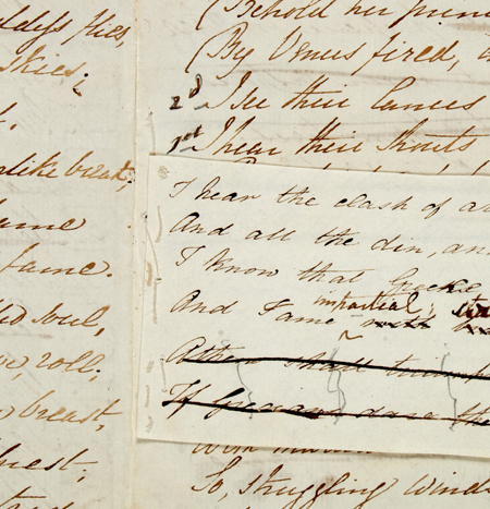 Detail of the manuscript of the poem “The Battle of Marathon” by Elizabeth Barrett Browning, dated 1819.