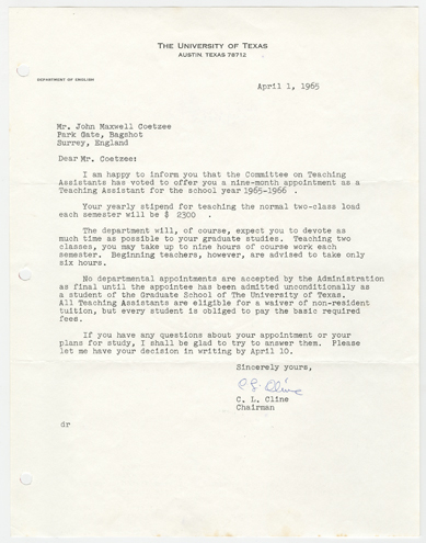 April 1, 1965, letter to J. M. Coetzee from C. L. Cline, Chairman of the Department of English at The University of Texas.