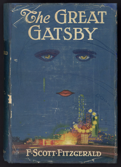 The first edition of "The Great Gatsby" (New York: Scribner’s, 1925). The dust jacket by Francis Cugat incorporates several themes of the novel, while maintaining a certain ambiguity. The eyes most likely belong to Daisy, “the girl whose disembodied face floated along the dark cornices and blinding signs” of Jay Gatsby’s consciousness. The jacket was completed before the novel, and Fitzgerald was so fond of it that he claimed he wrote it into his book. Today, intact dust jackets are exceptionally valuable; both of our copies have been repaired.