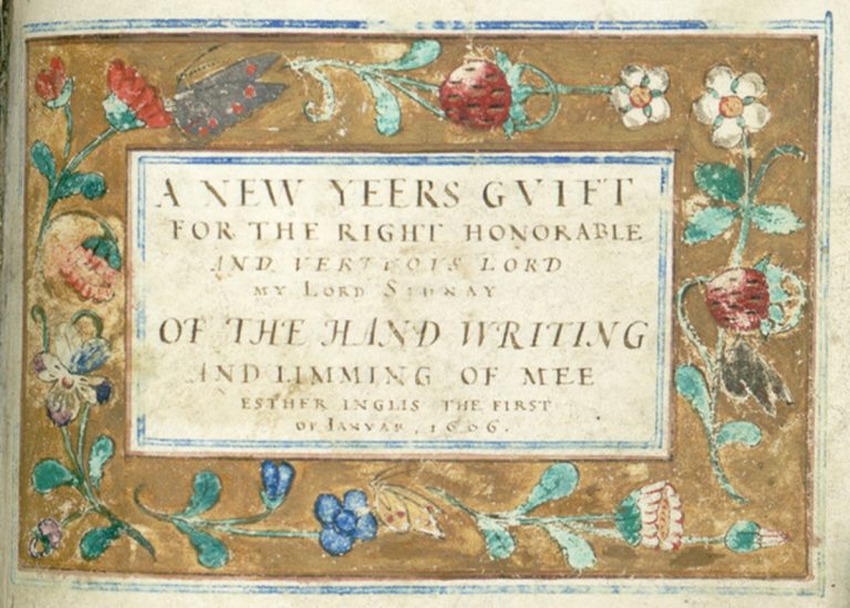 Hand-drawn title page of caligraphy and illustration sample book by Esther Inglis, 1606.