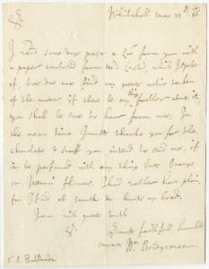 Letter from William Bridgeman, Whitehall, to Sir Richard Bulstrode, Brussels, on behalf of Robert Spencer, Earl of Sunderland and Secretary of State, 1686 May 23. In this letter, Bridgeman thanks Bulstrode for offering to send him chocolate and snuff from the continent, and details his preference for flowery or unscented varieties.