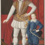 Engraved portrait of Sir Walter Raleigh and son.