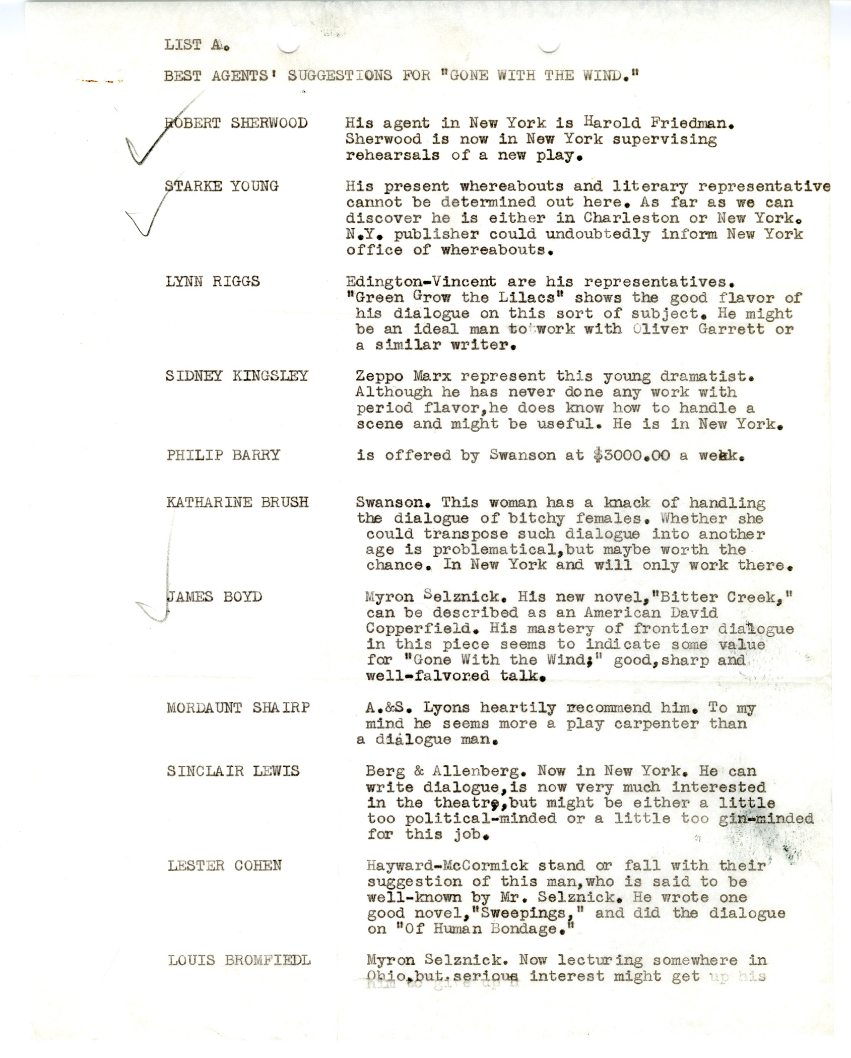 List of suggested writers for Gone With The Wind, ca. 1937.