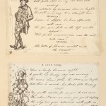 Page from “Bouts Rimés,” with poems by John Tenniel and illustrations by Tenniel pasted into a bound volume, with some sheets attached so as to fold out.