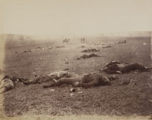 Timothy O’Sullivan. “A Harvest of Death,” July 4, 1863. Albumen silver print.