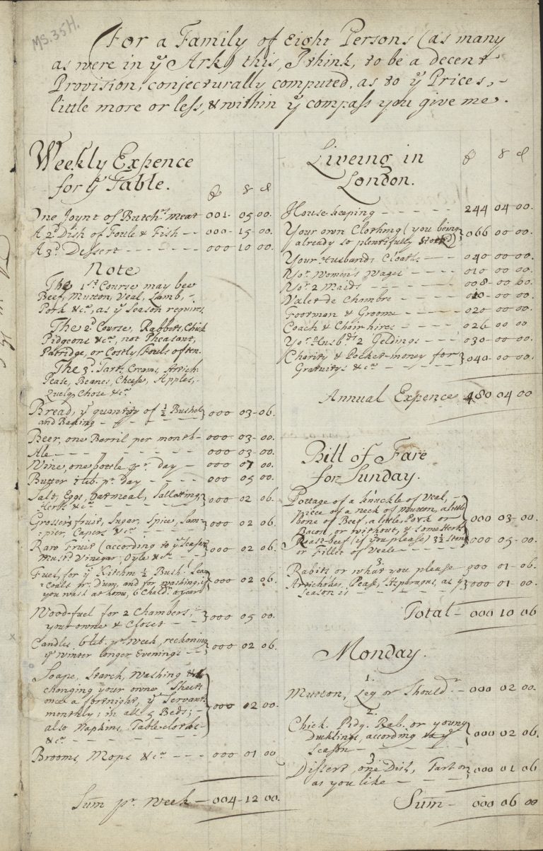 Page from Mary Evelyn’s instructions on how to set up a household in London in 1675.