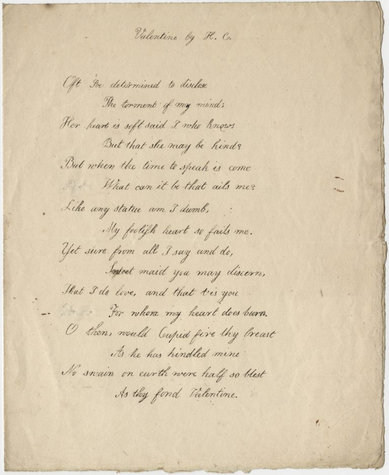 "Valentine" poem by Hartley Coleridge, 1810. Coleridge wrote the poem when he was 14 years old.