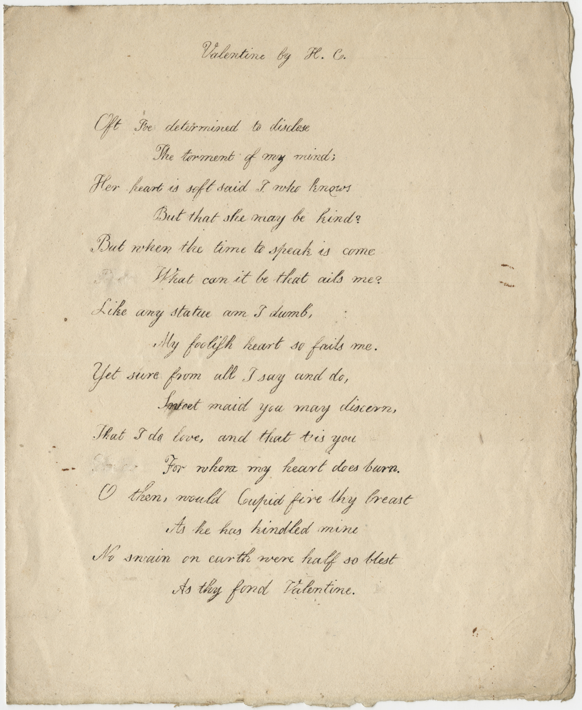 "Valentine" poem by Hartley Coleridge, 1810. Coleridge wrote the poem when he was 14 years old.