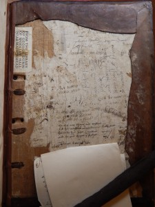Katherine Leke's inscription inside sixteenth-century front cover of Chaucer's works. Photo by Hope Johnston.