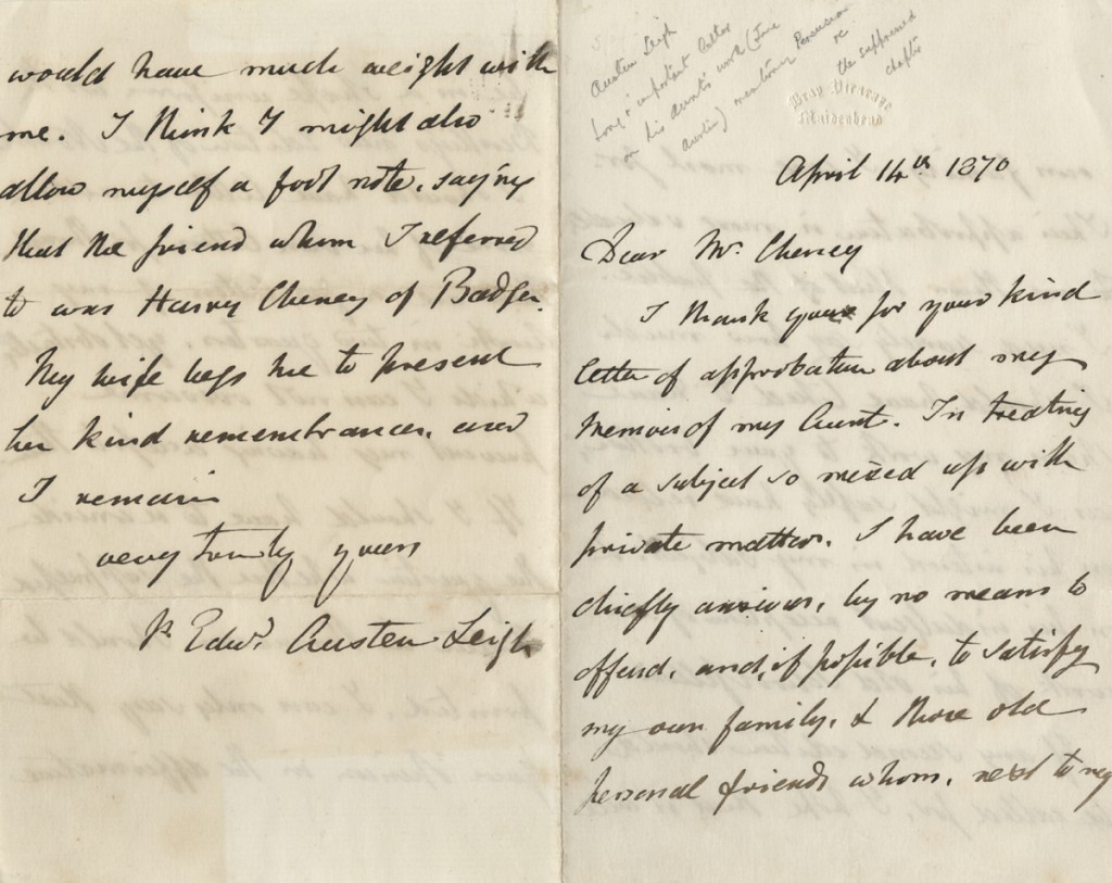 A letter from James Edward Austen-Leigh (1798–1874) to Edward Cheney, dated April 14, 1870.