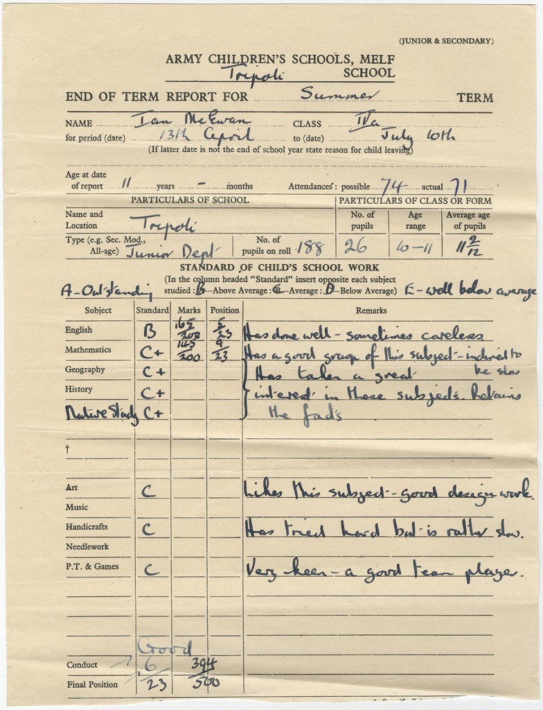 Ian McEwan's grade school report card, ca. 1958.