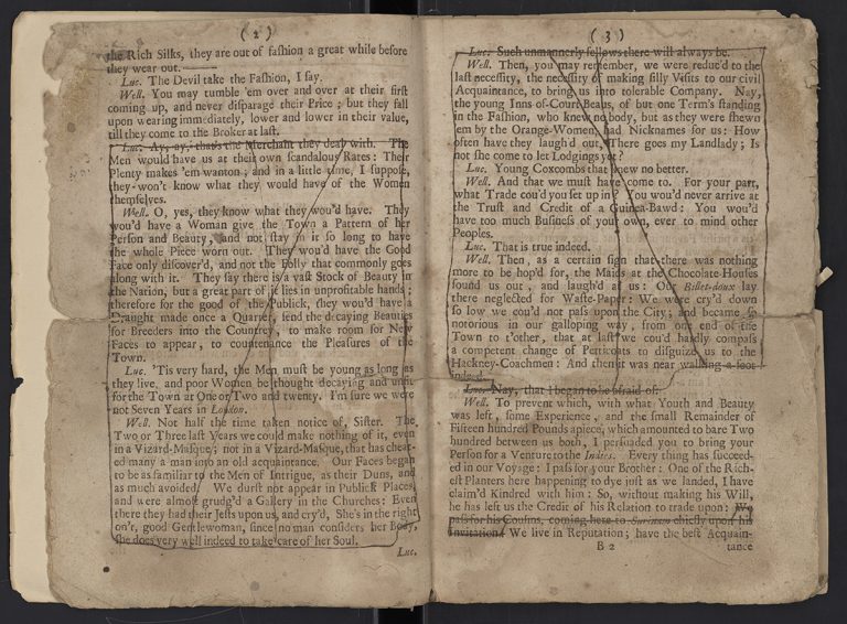 Pages 2 and 3 in the promptbook of Thomas Southerne's play "Oroonoko."