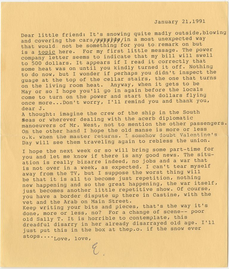 Letter from Elizabeth Hardwick to Jon R. Jewett, dated January 21, 1991. Copyright © 1991 The Elizabeth Hardwick Estate, used by permission of The Wylie Agency LLC.